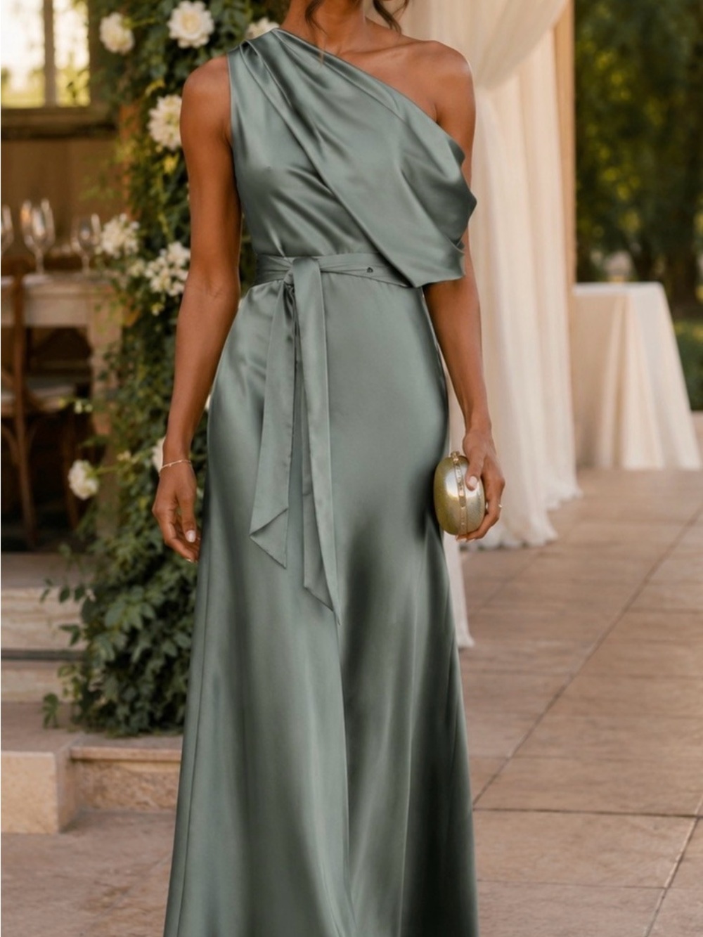 Nordstrom One-Shoulder Satin Gown in Sage Green. Brand Significant Other.